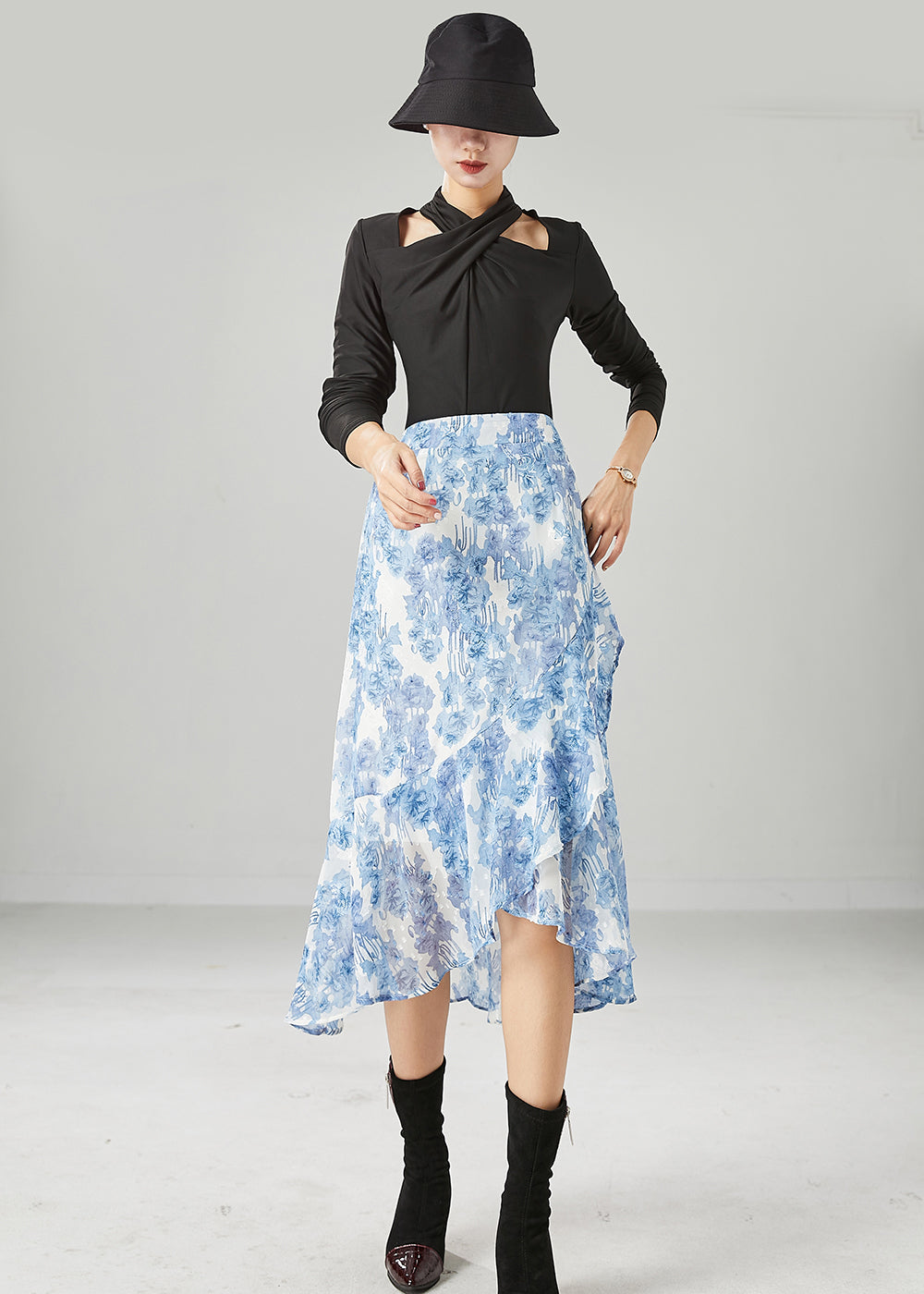 Light Blue Asymmetrical Print Chiffon Skirt Summer