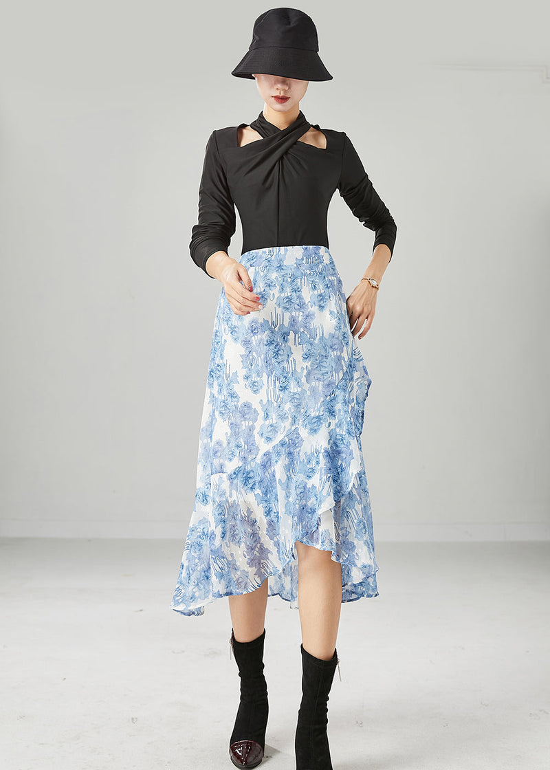 Light Blue Asymmetrical Print Chiffon Skirt Summer