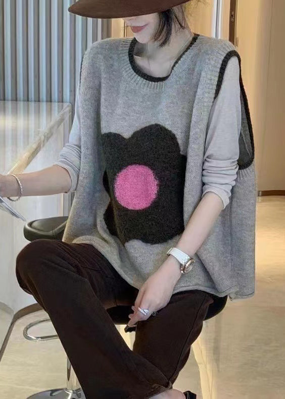 Loose Grey O Neck Patchwork Knit Vest Sleeveless