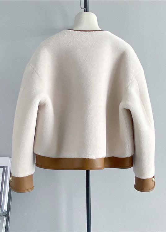 French White V Neck Patchwork Leather and Fur Jackets Winter