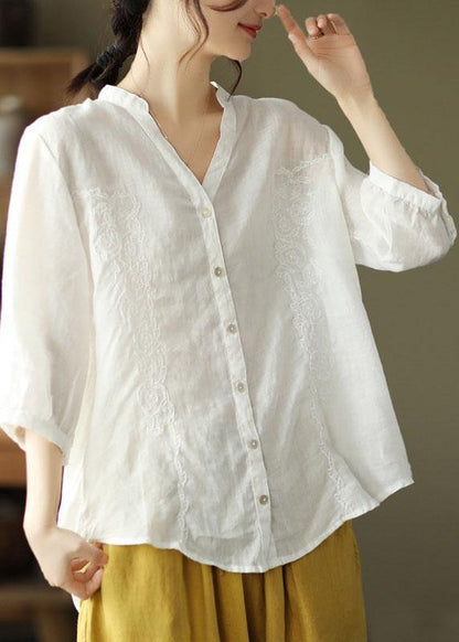 French Khaki Embroidered V Neck Ramie Blouse Top Summer