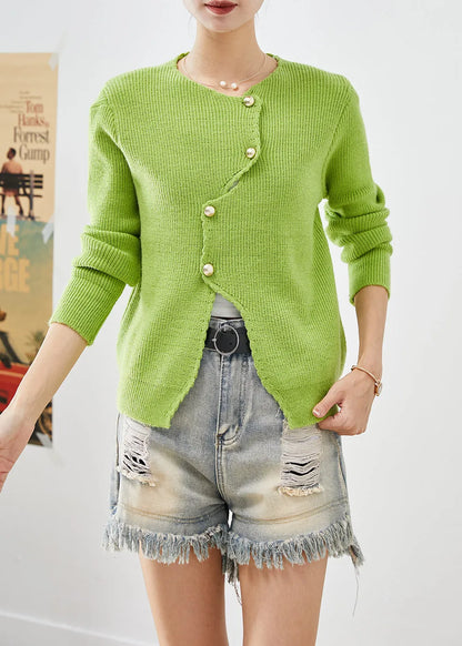 Grass Green Asymmetrical Side Open Knit Short Sweater Winter