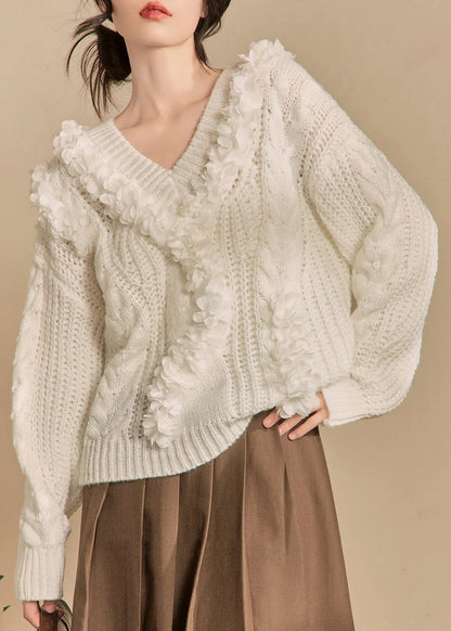 White V Neck Hollow Out Knit Sweaters Winter