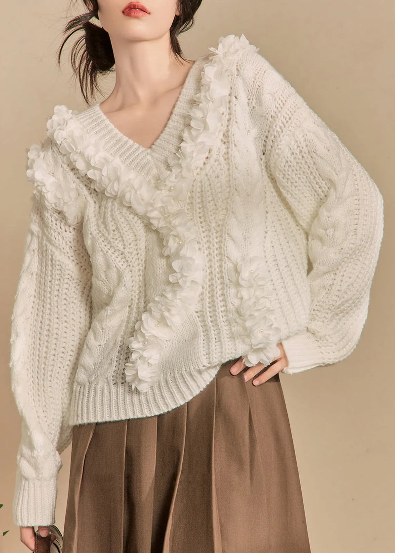 White V Neck Hollow Out Knit Sweaters Winter
