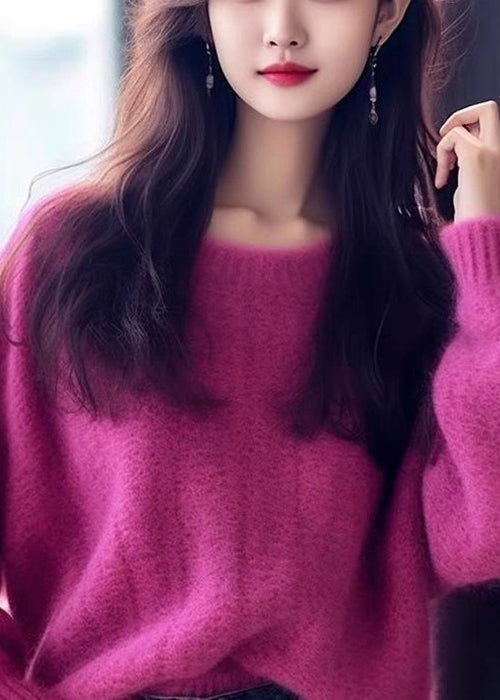 Simple Purple O Neck Cozy Cotton Knit Sweaters Long Sleeve
