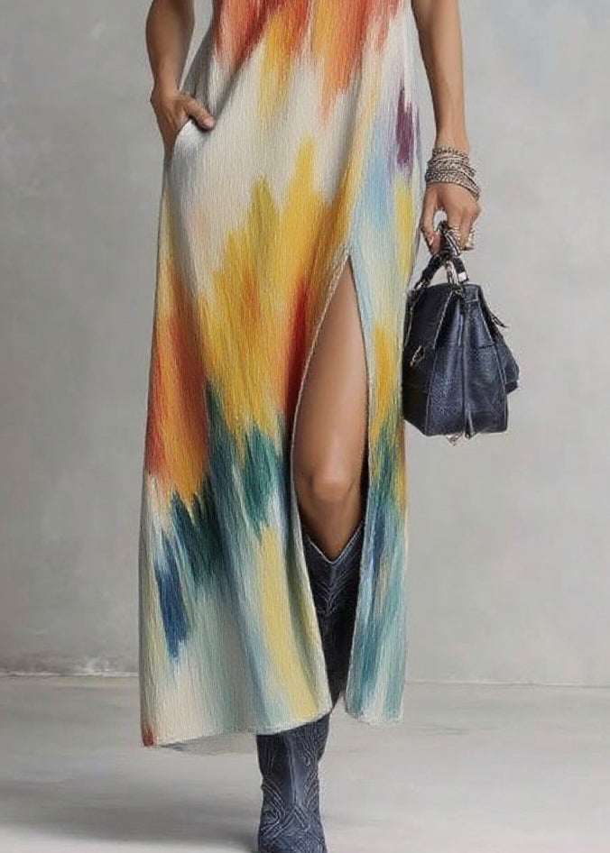V Neck Side Open Print Long Dresses Sleeveless