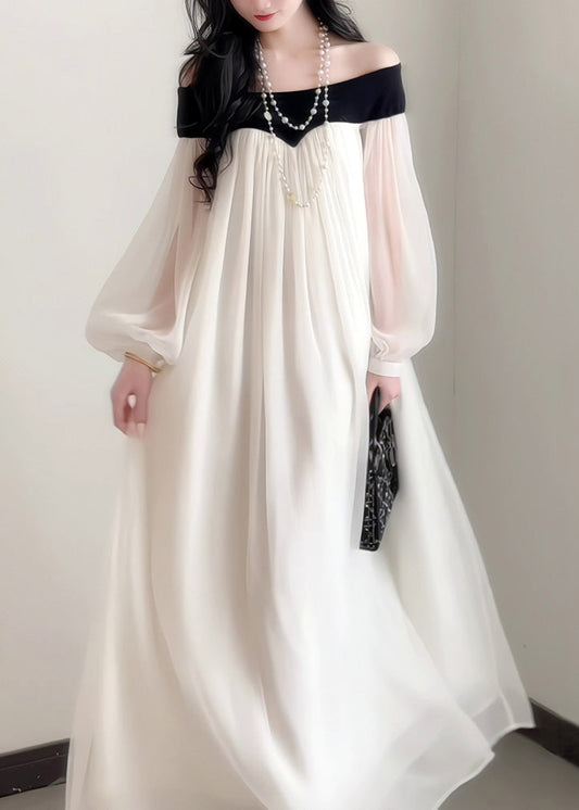 French Slash Neck Chiffon Dress Lantern Sleeves