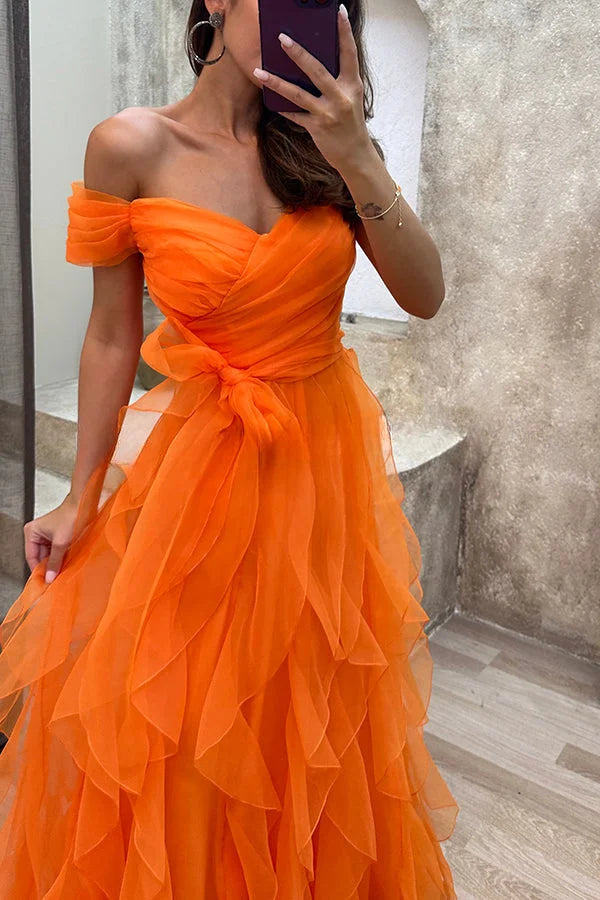 First Impression Tulle Off Shoulder Tiered Ruffle Evening Maxi Dress Yellow