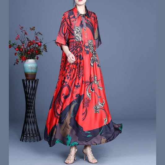 Unique Red Print Asymmetrical Design Mid Dress Summer Silk