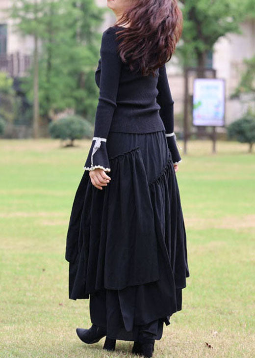 Black Cinched Patchwork Cotton Skirt Spring