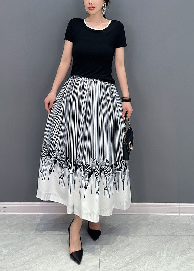 White Zebra Pattern Cotton a Line Skirt Elastic Waist Spring
