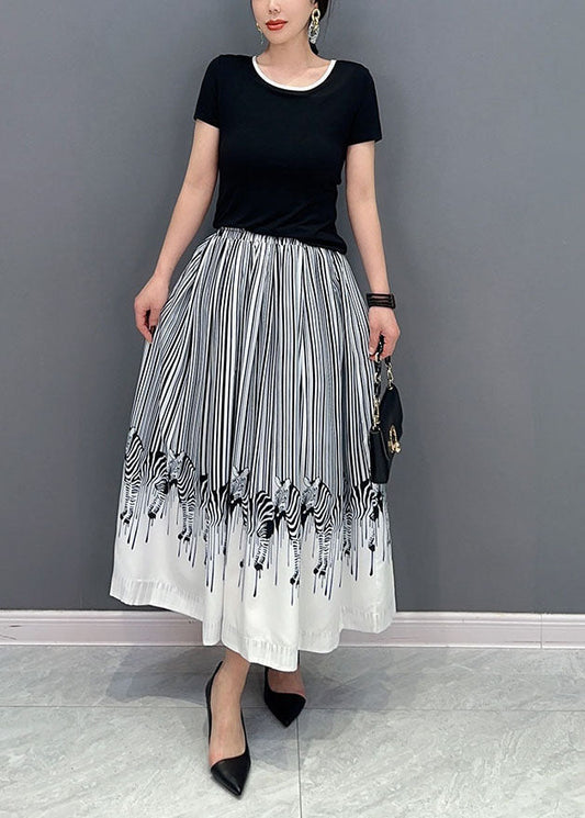 White Zebra Pattern Cotton a Line Skirt Elastic Waist Spring