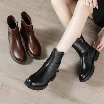 Black Genuine Leather Platform Flat Boots