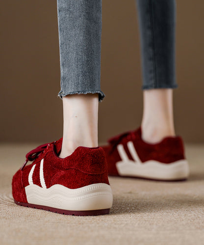 Red Suede Lace Up Splicing Flat Shoes