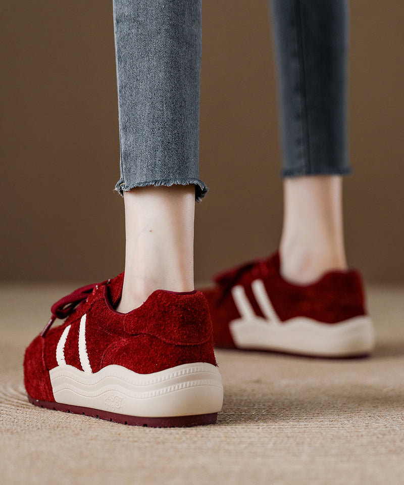 Red Suede Lace Up Splicing Flat Shoes