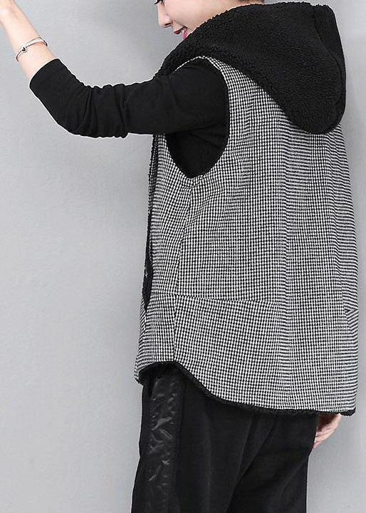 Diy Black Hooded Plaid Patchwork Faux Fur Winter Vest