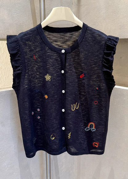 Grey Embroideried Button Down Cotton Vests Sleeveless