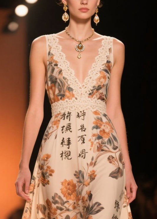 Khaki Print Patchwork Lace Chiffon Long Dresses Summer