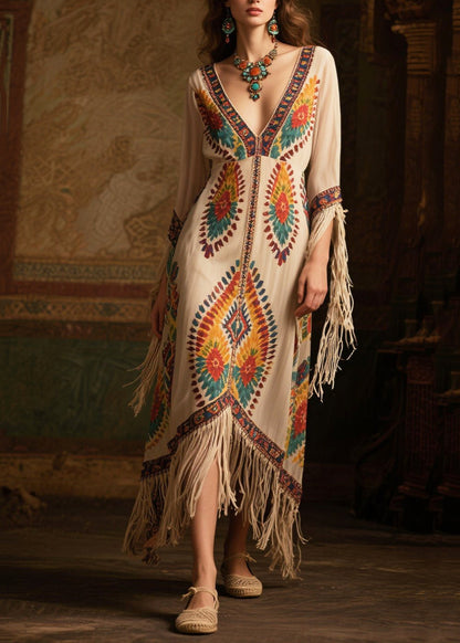 Beige Tasseled Print Chiffon Maxi Dresses Summer