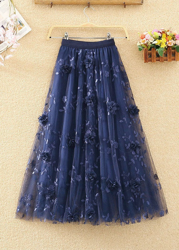 French Navy Wrinkled Embroideried Decorated Tulle Skirts Spring