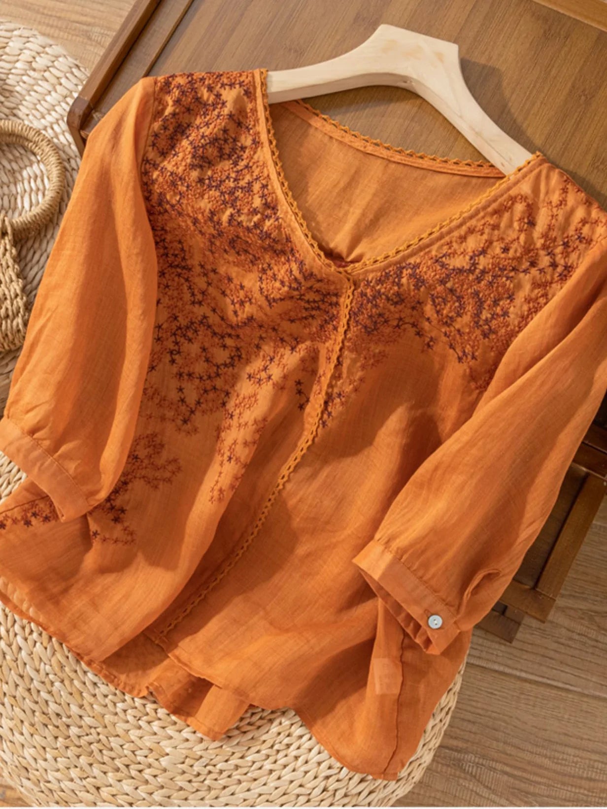 Embroidered V Neck 3/4 Sleeve Linen Top