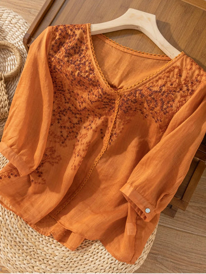 Embroidered V Neck 3/4 Sleeve Linen Top