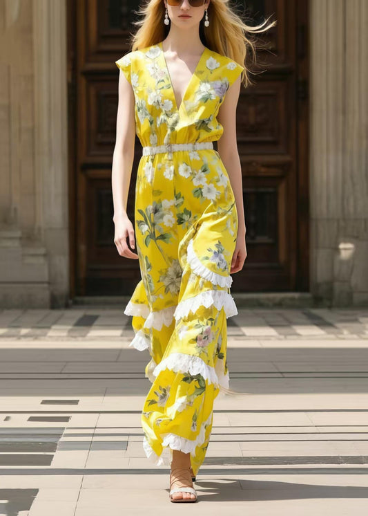 Yellow Print Patchwork Ruffled Chiffon Tunic Dress Sleeveless