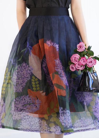 Blue Print Wrinkled Tulle Maxi Skirt