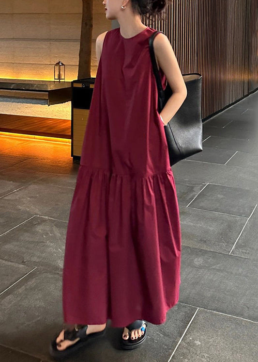 Simple Wine Red Pockets Wrinkled Cotton Long Dresses Sleeveles