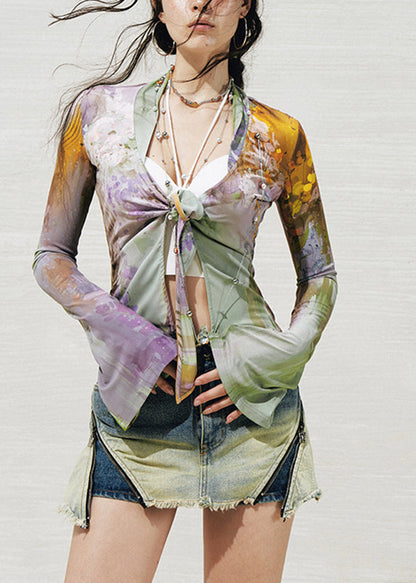 Green Purple V Neck Print Tie Waist Knit Shirts Fall