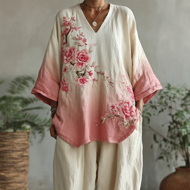 Vintage Pink Floral Gradient Pattern Linen V Neck T-shirt elevenforest