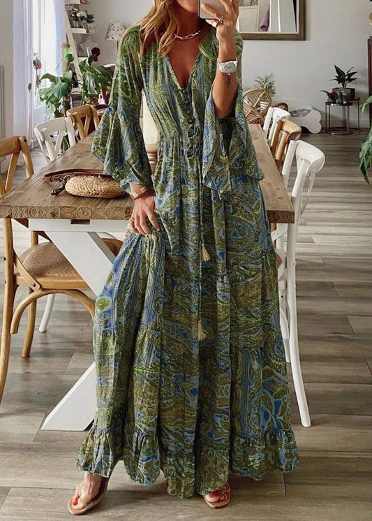 Green V Neck Print Cotton Maxi Dresses Flare Sleeve