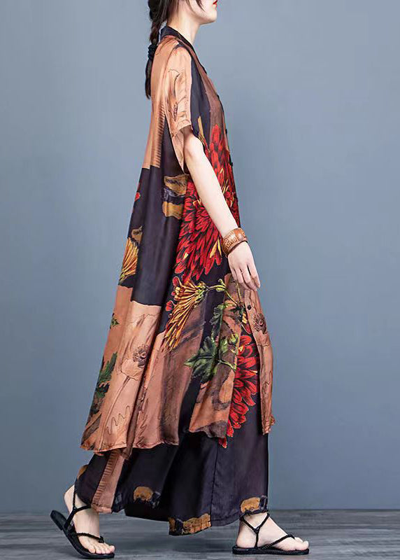 Coffee Print Silk Shirt Dress and Wide Leg Pants Two Pieces Set Thin Half Sleeve