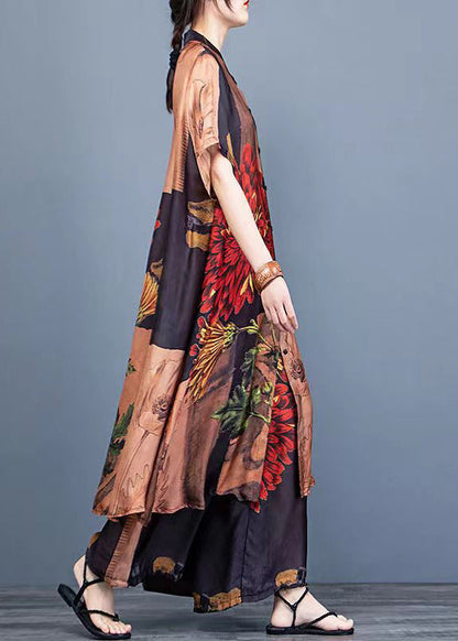 Coffee Print Silk Shirt Dress and Wide Leg Pants Two Pieces Set Thin Half Sleeve