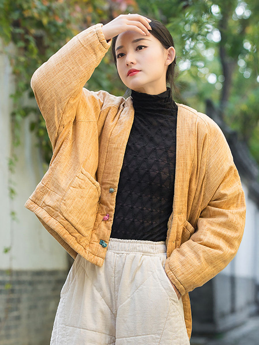 Winter Artsy Worn Button Pocket Linen Coat