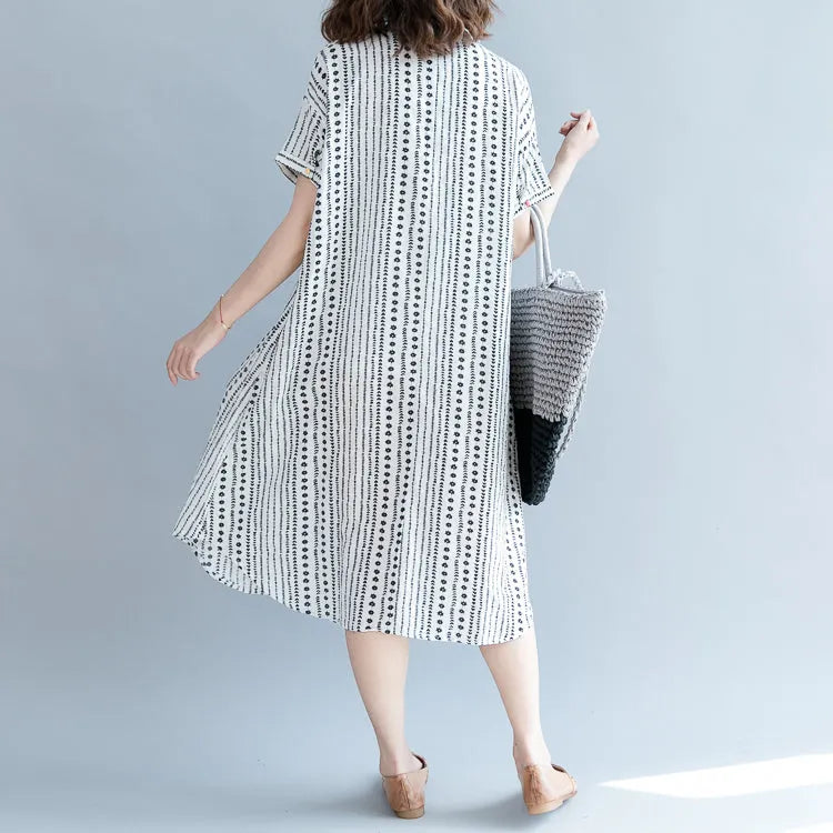 Baggy White Chiffon Shift Dress Oversized Dress New Short Sleeve Pockets Stand Baggy Dresses