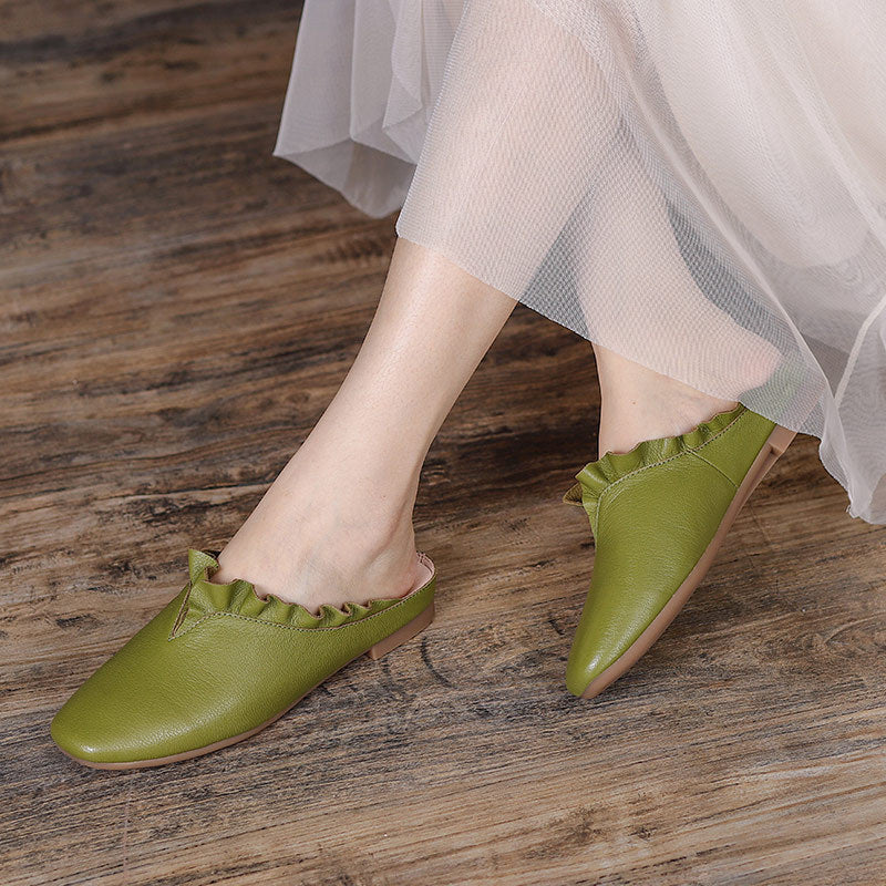 Leather Ruffle Trim Slippers