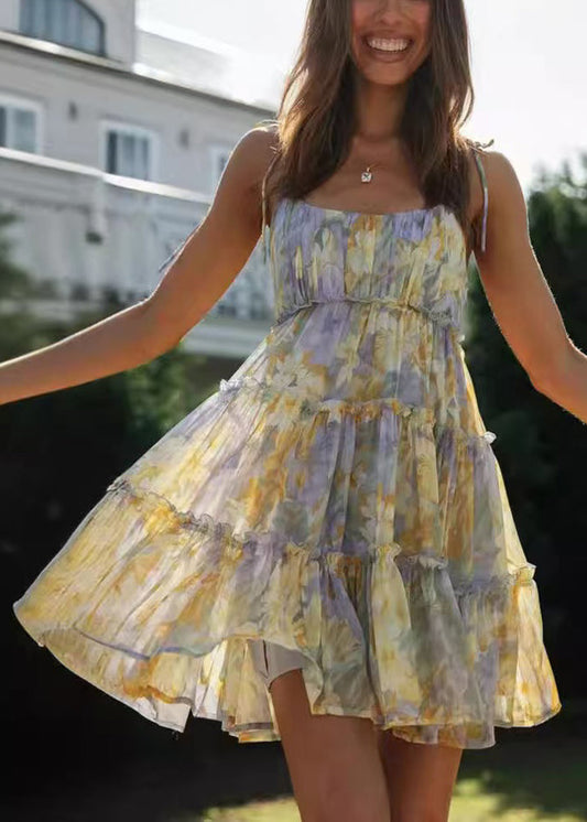 Purple Print Chiffon Tea Dress Summer