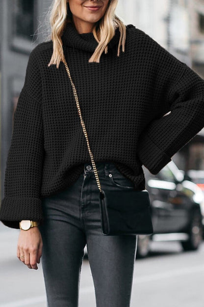 Color High Neck Loose Knit Sweater