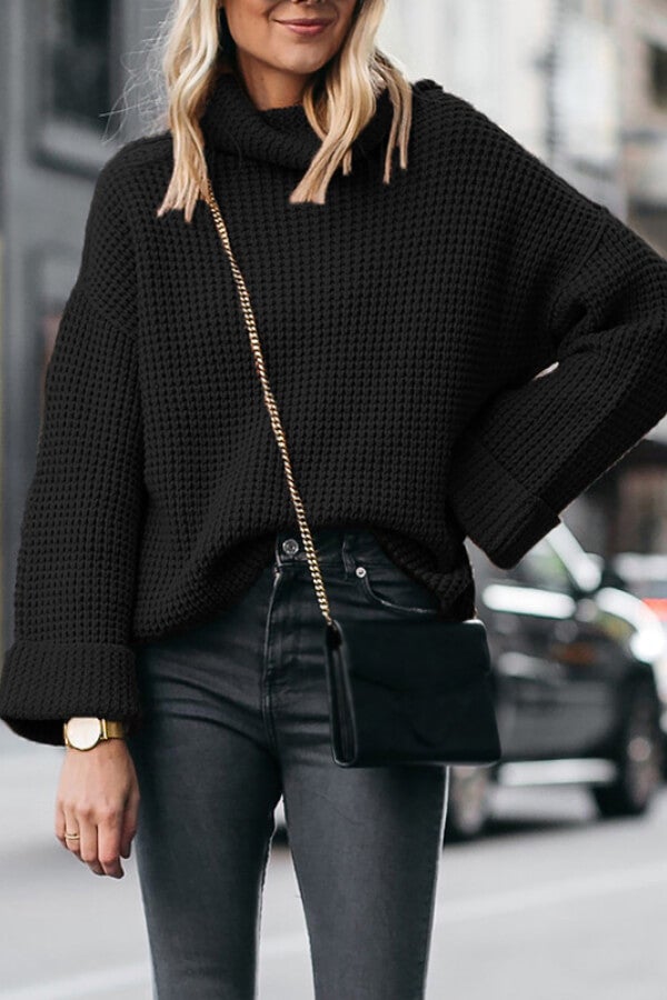 Color High Neck Loose Knit Sweater