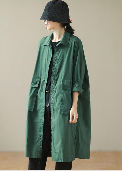 Diy Blackish Green Oversized Pockets Cotton Trench Coat Fall