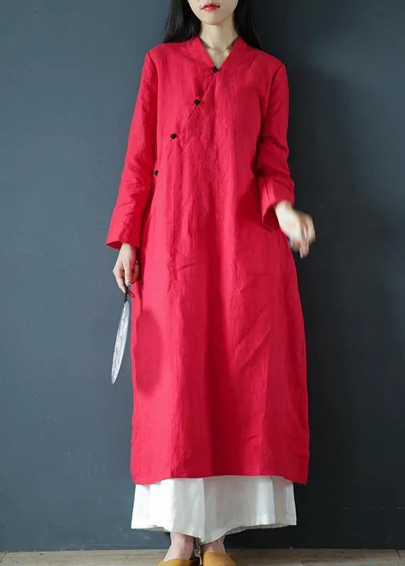 V Neck Long Sleeve Tunics Outfits Red Maxi Dress