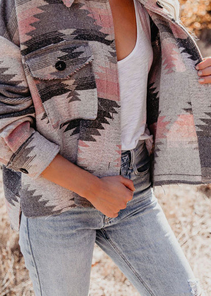 Pink Peter Pan Collar Print Button Coats Fall