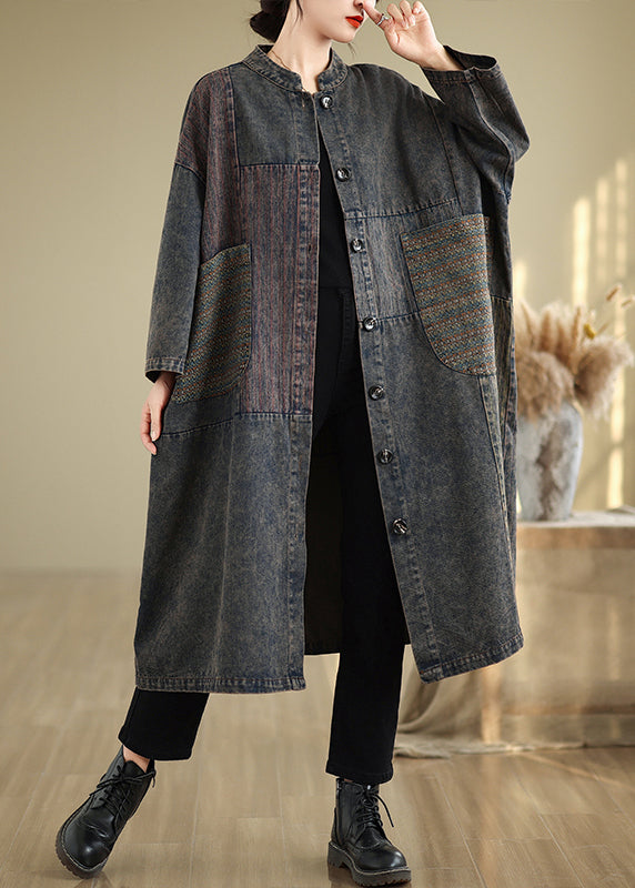 Black Stand Collar Pockets Patchwork Long Trench Coat Fall