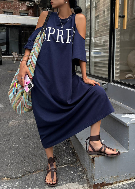 Navy Blue Graphic Cold Shoulder Holiday Maxi Dress Short Sleeve