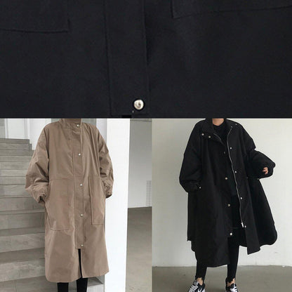Handmade Zippered Lapel Collar Crane Coats Black Baggy Coats