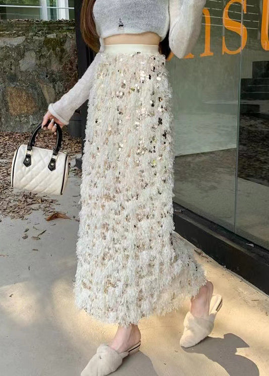 Apricot High Waist Feathers Sequins Skirts Spring