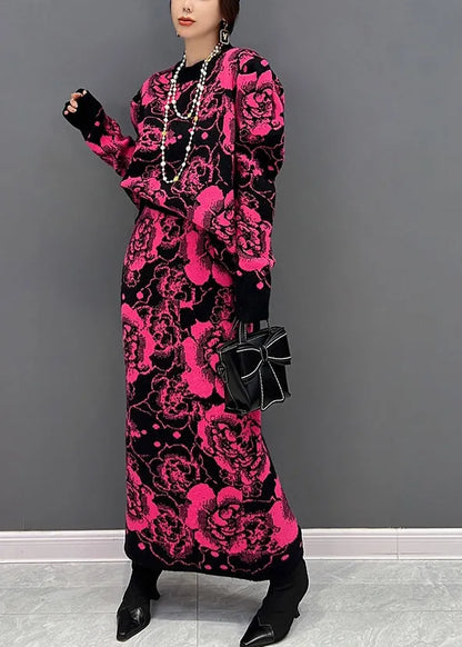 Slim Fit Rose O-neck Print Top and Maxi Skirts Two Piece Set Fall