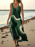 Women's Wave Line Art Print Sleeveless V Neck Pocket Cotton Dress