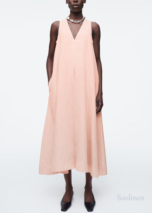 Simple Pink Oversized a Line Dress V Neck Sleeveless